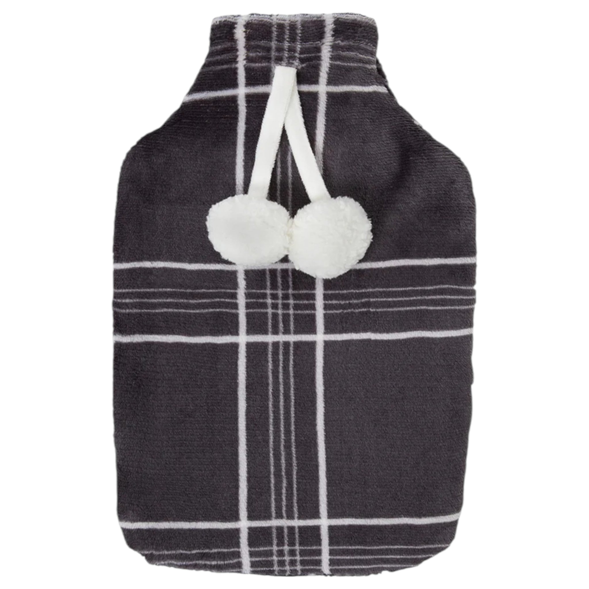 Elite Heat hot water bottle with removable plush cover, perfect for winter in charcoal grey and white check
